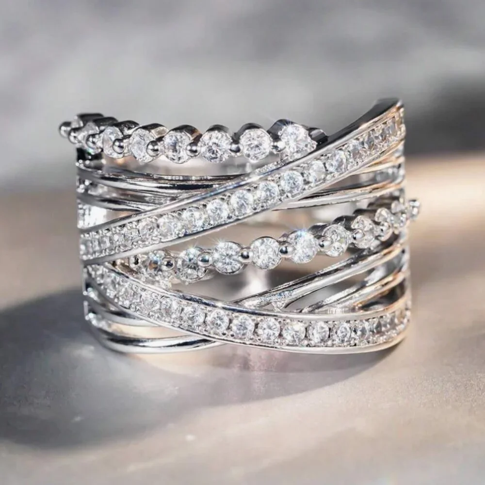 NEW 18k White Gold Diamond Ring Layer Wide Ring Band